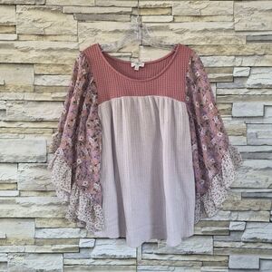 ​Umgee Women's Top S Pink Boho Waffle Knit  Floral Mixed Media Ruffle Patchwork